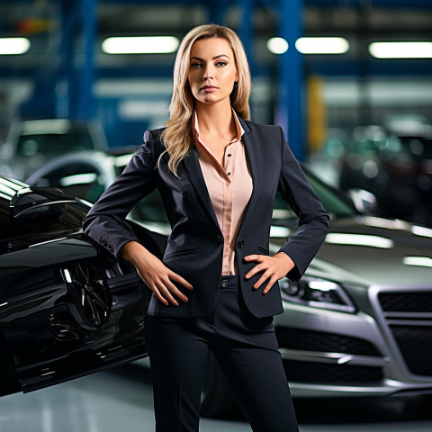 Confident beautiful woman automotive legal counsel at work on blured background