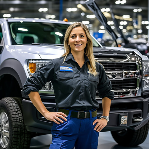 Confident beautiful woman automotive inventory manager at work on blured background