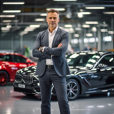 Confident handsome man automotive general manager at work on blured background