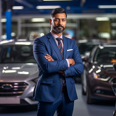 Confident handsome indian man automotive sales manager at work on blured background
