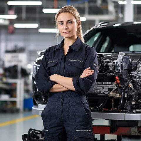 Confident beautiful woman automotive quality control inspector at work on blured background