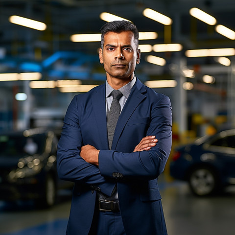 Confident handsome indian man automotive general manager at work on blured background