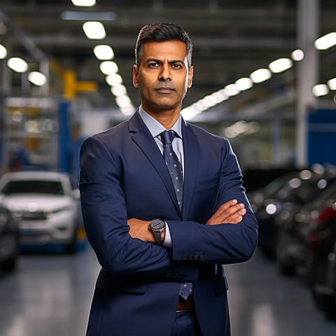 Confident handsome indian man automotive general manager at work on blured background