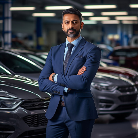 Confident handsome indian man automotive sales manager at work on blured background