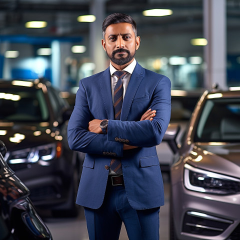 Confident handsome indian man automotive sales manager at work on blured background