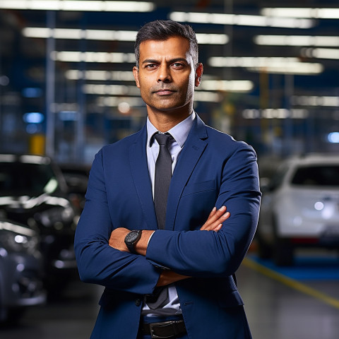 Confident handsome indian man automotive general manager at work on blured background