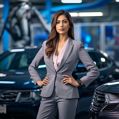 Confident beautiful indian woman automotive finance manager at work on blured background