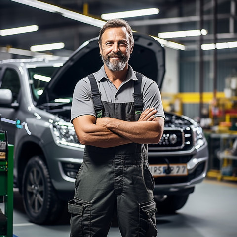 Confident handsome man automotive parts manager at work on blured background