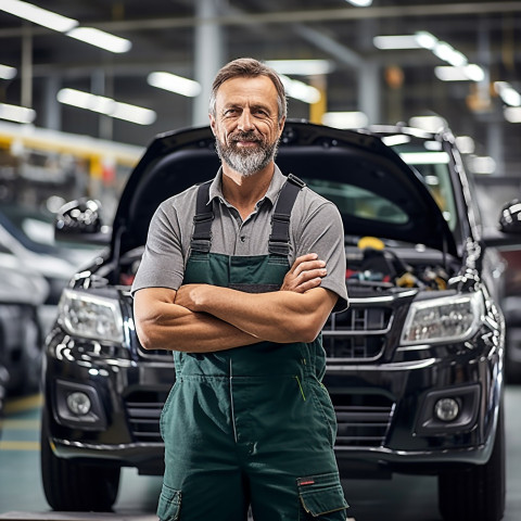 Confident handsome man automotive parts manager at work on blured background