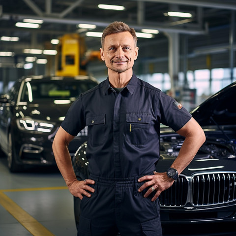 Confident handsome man automotive service manager at work on blured background