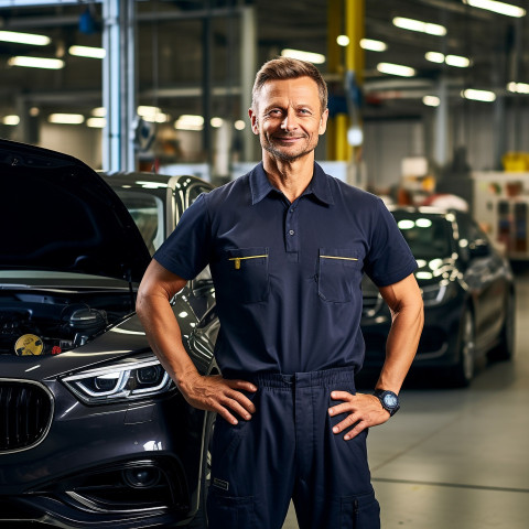 Confident handsome man automotive service manager at work on blured background