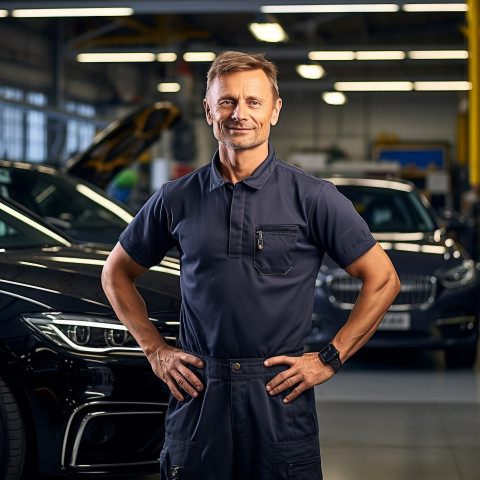 Confident handsome man automotive service manager at work on blured background