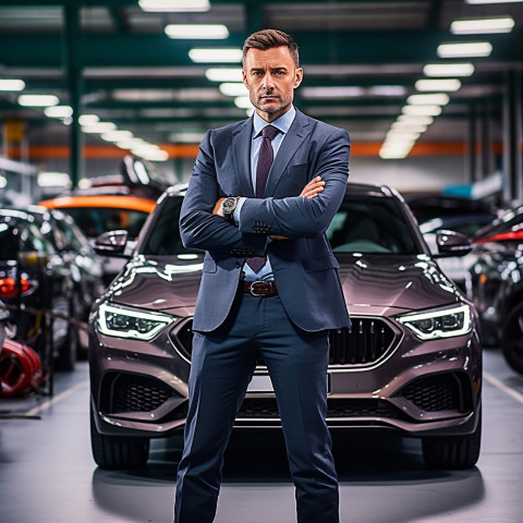 Confident handsome man automotive finance manager at work on blured background