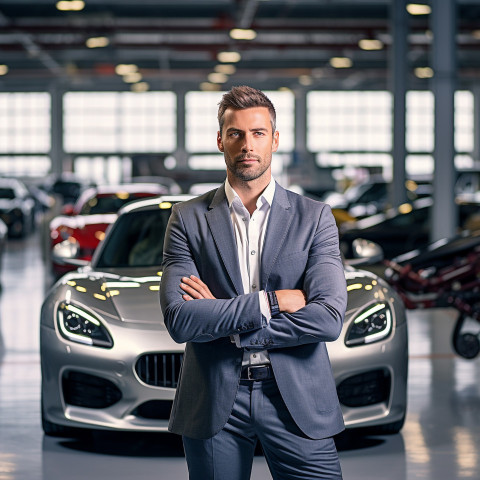 Confident handsome man automotive finance manager at work on blured background