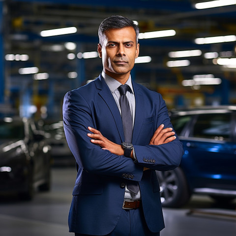 Confident handsome indian man automotive general manager at work on blured background