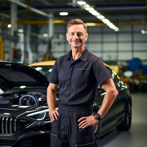 Confident handsome man automotive service manager at work on blured background