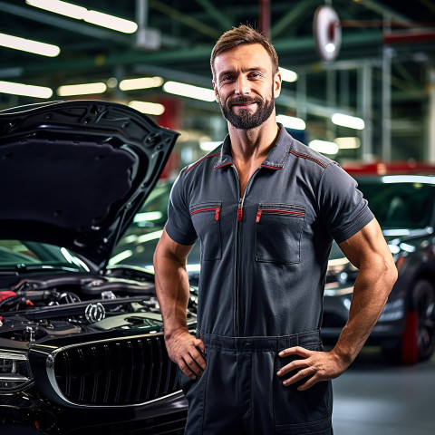 Confident handsome man automotive service manager at work on blured background