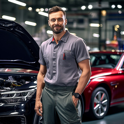 Confident handsome man automotive service manager at work on blured background