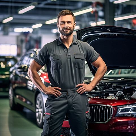 Confident handsome man automotive service manager at work on blured background