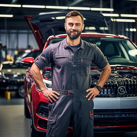 Confident handsome man automotive service manager at work on blured background