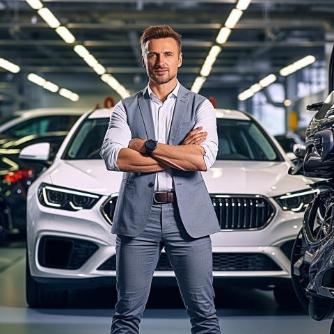 Confident handsome man automotive finance manager at work on blured background