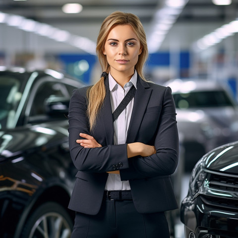 Confident beautiful woman automotive human resources manager at work on blured background