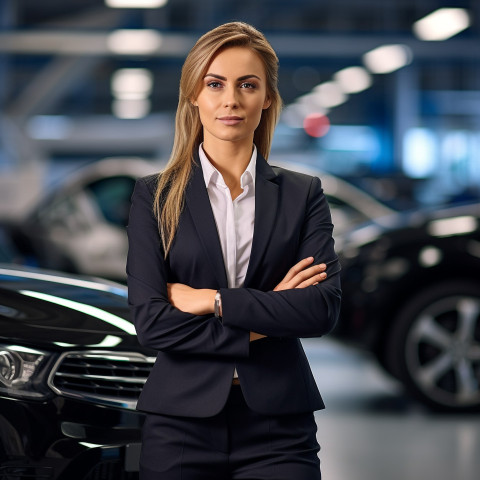 Confident beautiful woman automotive human resources manager at work on blured background