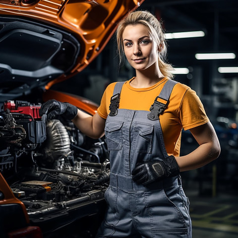 Confident beautiful woman automotive detailer at work on blured background