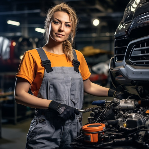 Confident beautiful woman automotive detailer at work on blured background