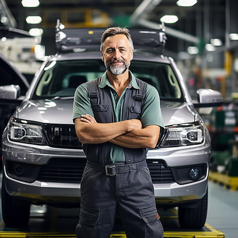 Confident handsome man automotive parts manager at work on blured background