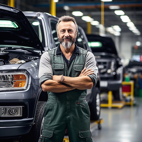 Confident handsome man automotive parts manager at work on blured background