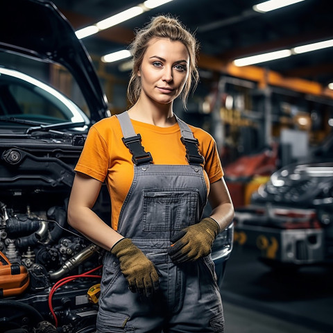 Confident beautiful woman automotive detailer at work on blured background