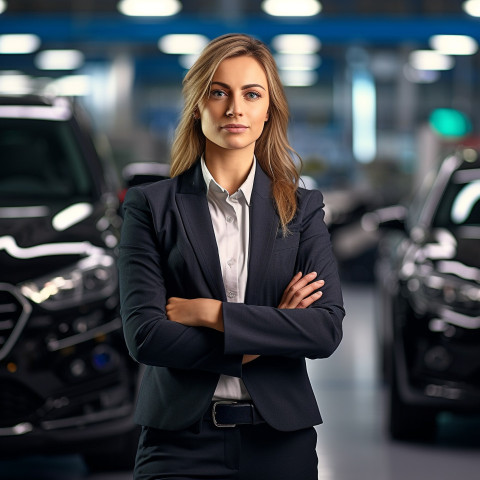 Confident beautiful woman automotive human resources manager at work on blured background