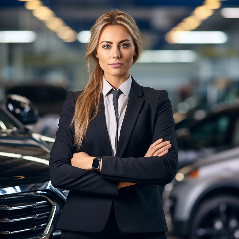 Confident beautiful woman automotive human resources manager at work on blured background