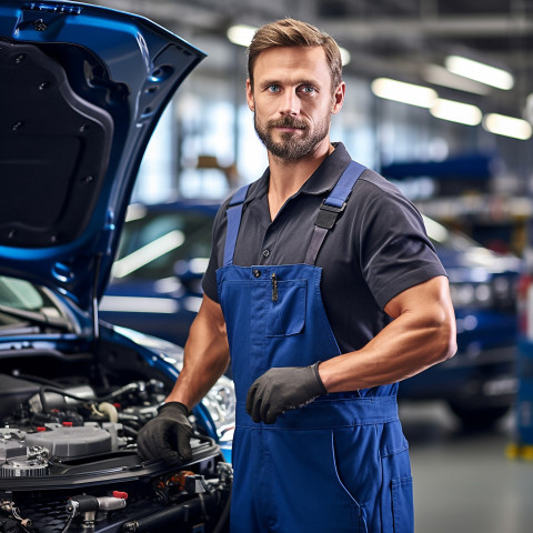 Confident handsome man automotive service technician at work on blured background