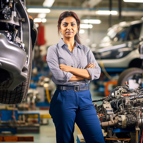 Confident beautiful indian woman automotive parts manager at work on blured background