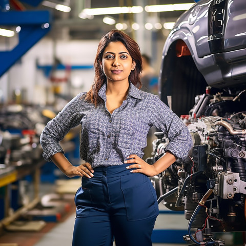 Confident beautiful indian woman automotive parts manager at work on blured background