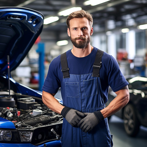 Confident handsome man automotive service technician at work on blured background