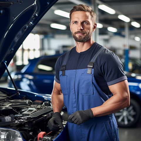 Confident handsome man automotive service technician at work on blured background