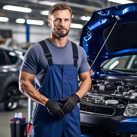 Confident handsome man automotive service technician at work on blured background