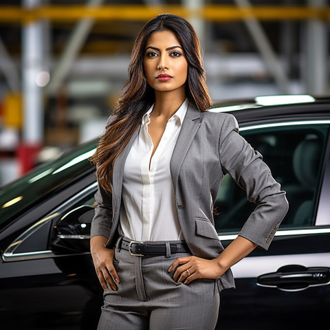 Confident beautiful indian woman automotive legal counsel at work on blured background