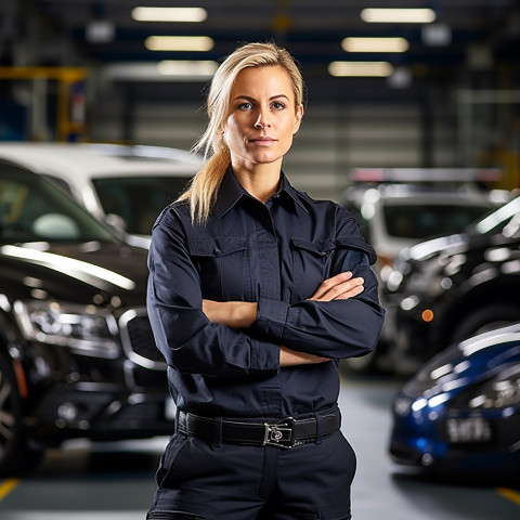 Confident beautiful woman automotive compliance and safety officer at work on blured background