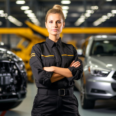 Confident beautiful woman automotive compliance and safety officer at work on blured background