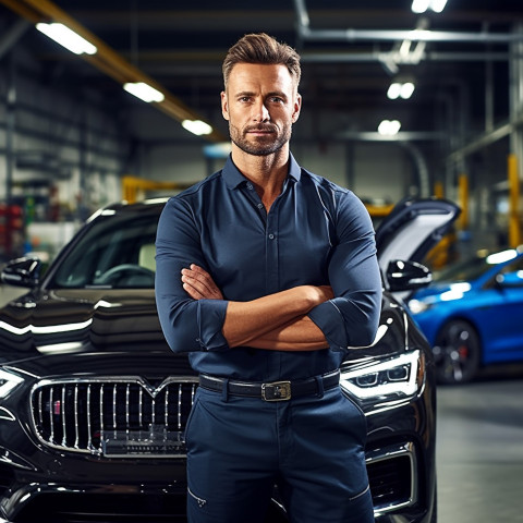 Confident handsome man automotive compliance and safety officer at work on blured background