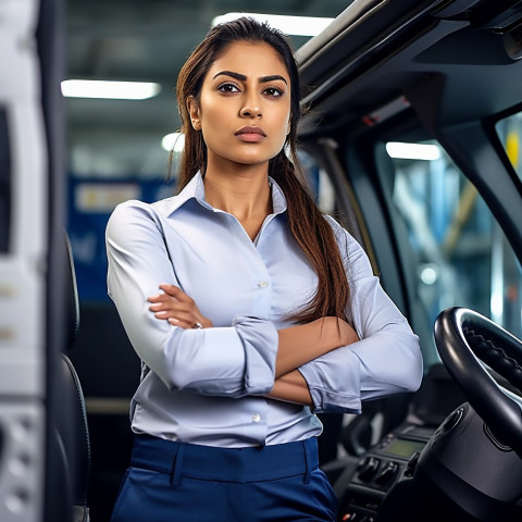 Confident beautiful indian woman automotive driver at work on blured background