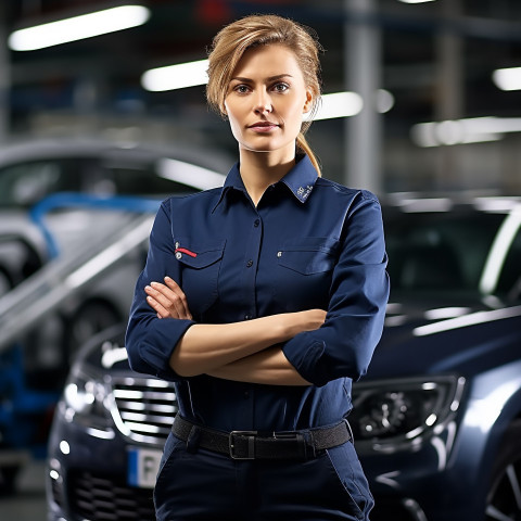 Confident beautiful woman automotive compliance and safety officer at work on blured background