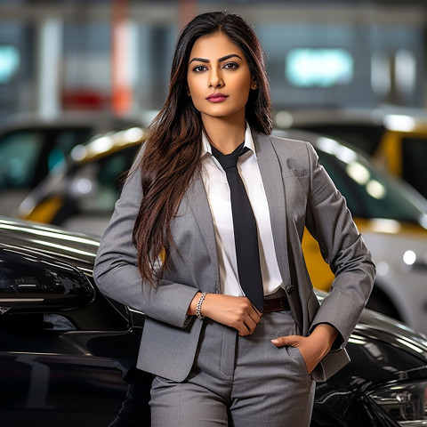 Confident beautiful indian woman automotive legal counsel at work on blured background