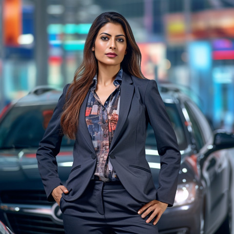 Confident beautiful indian woman automotive sales manager at work on blured background