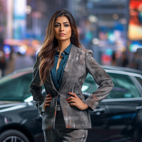 Confident beautiful indian woman automotive sales manager at work on blured background