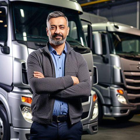 Confident handsome indian man automotive fleet manager at work on blured background